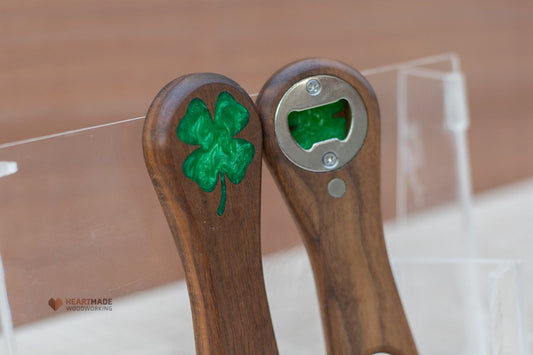 Bottle Opener with 4 Leaf Clover Epoxy Inlay - Ergonomic, Groomsmen Gifts, 5th Anniversary Gift