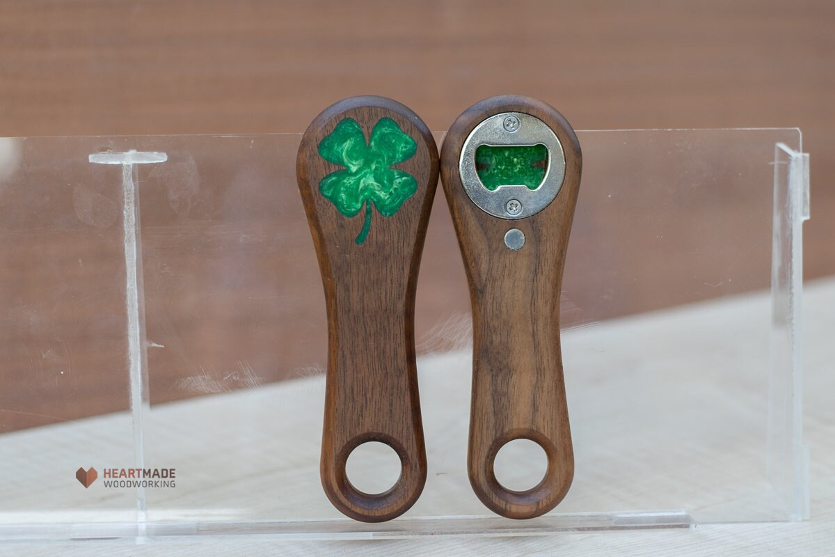 Bottle Opener with 4 Leaf Clover Epoxy Inlay - Ergonomic, Groomsmen Gifts, 5th Anniversary Gift