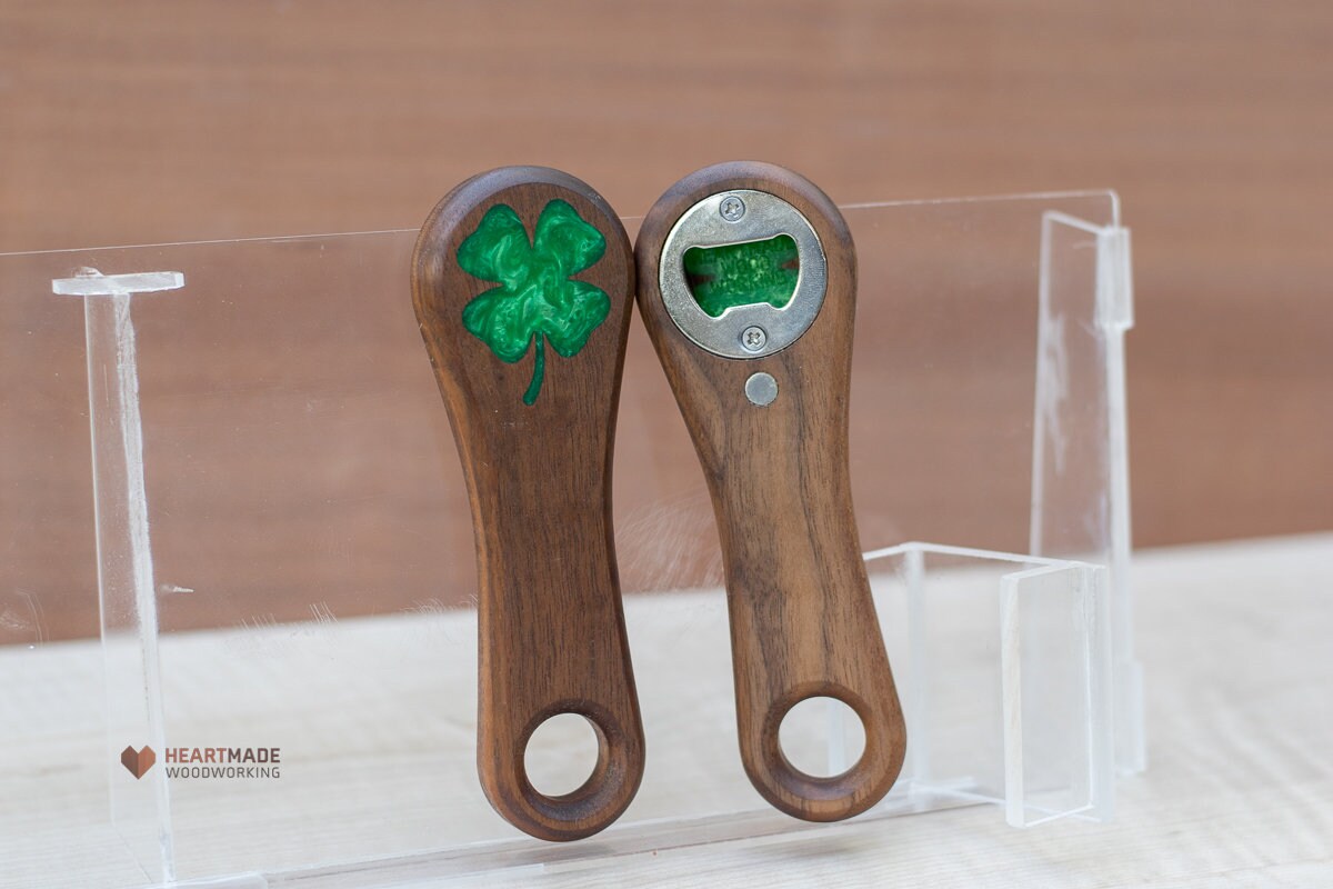 Bottle Opener with 4 Leaf Clover Epoxy Inlay - Ergonomic, Groomsmen Gifts, 5th Anniversary Gift