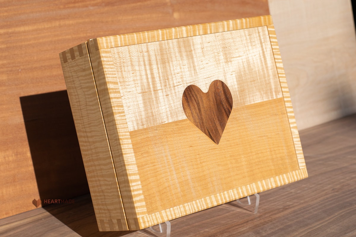 Curly Maple Keepsake Box with Walnut Heart Inlay - Large Wood Stash Box, Jewelry Box, Letter Box, Wedding Box