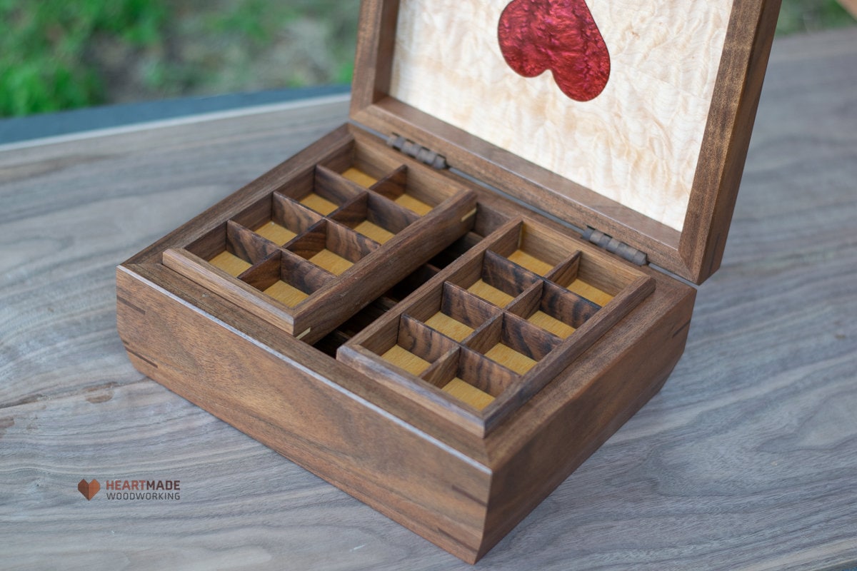 Handcrafted Black Walnut Mitered buy Dovetail Jewelry Box With Floating Curly Maple Panel Top, [9”x6”x3”]