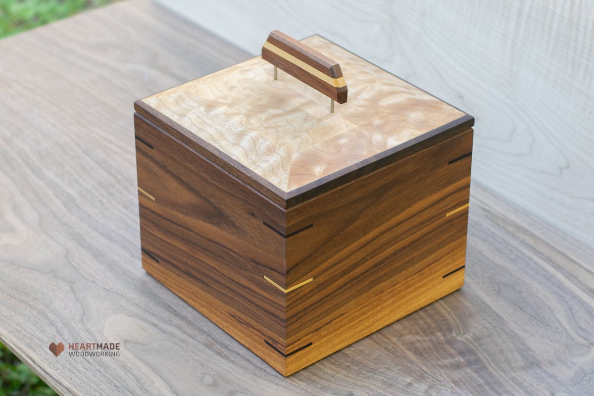 Walnut Box with Quilted Maple Top - Keepsake Box, Urn, Cookie Jar, Wedding Gift, Large Wood Box